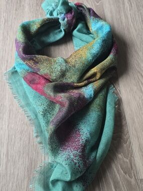 Polo Craft Oversized Abstract Fringe Scarf Wrap Aqua Pink Purple Starburst 38x39